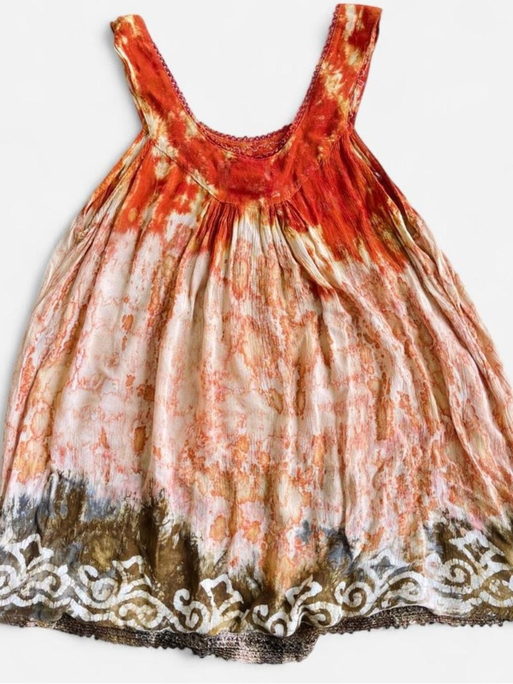 Earthy Boho Hippie Orange Green Tie Dye Embroidered Tunic Top Tank OS Summer - Picture 6 of 8